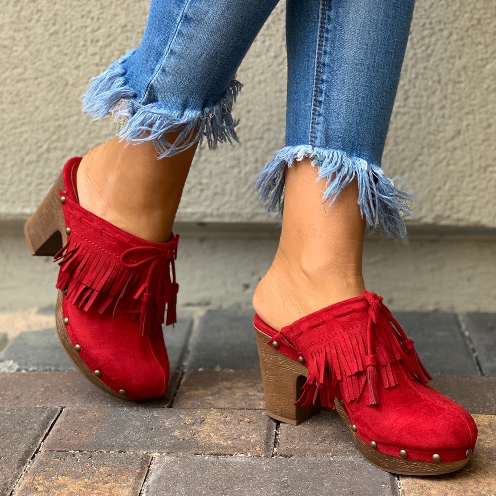 Ruby Red Fringe Tassel Studs Accent Mule Clog - Picture 6 of 8